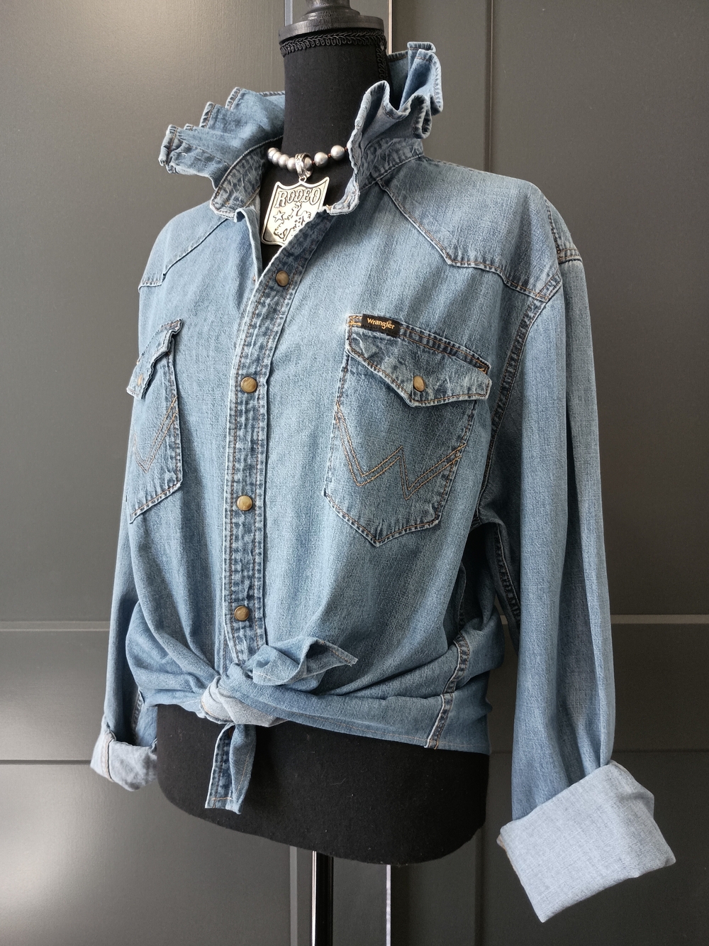 Upcycled Women's Wrangler Denim Ruffle Collar Shirt #R1